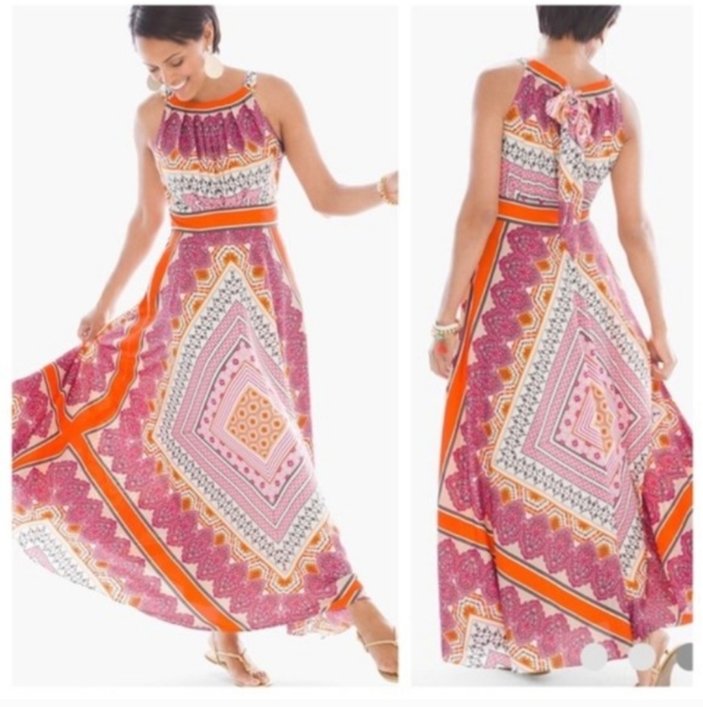 NWT Chicos Pleated High Neck Scarf Print Sleeveless A-Line Maxi Dress Boho S